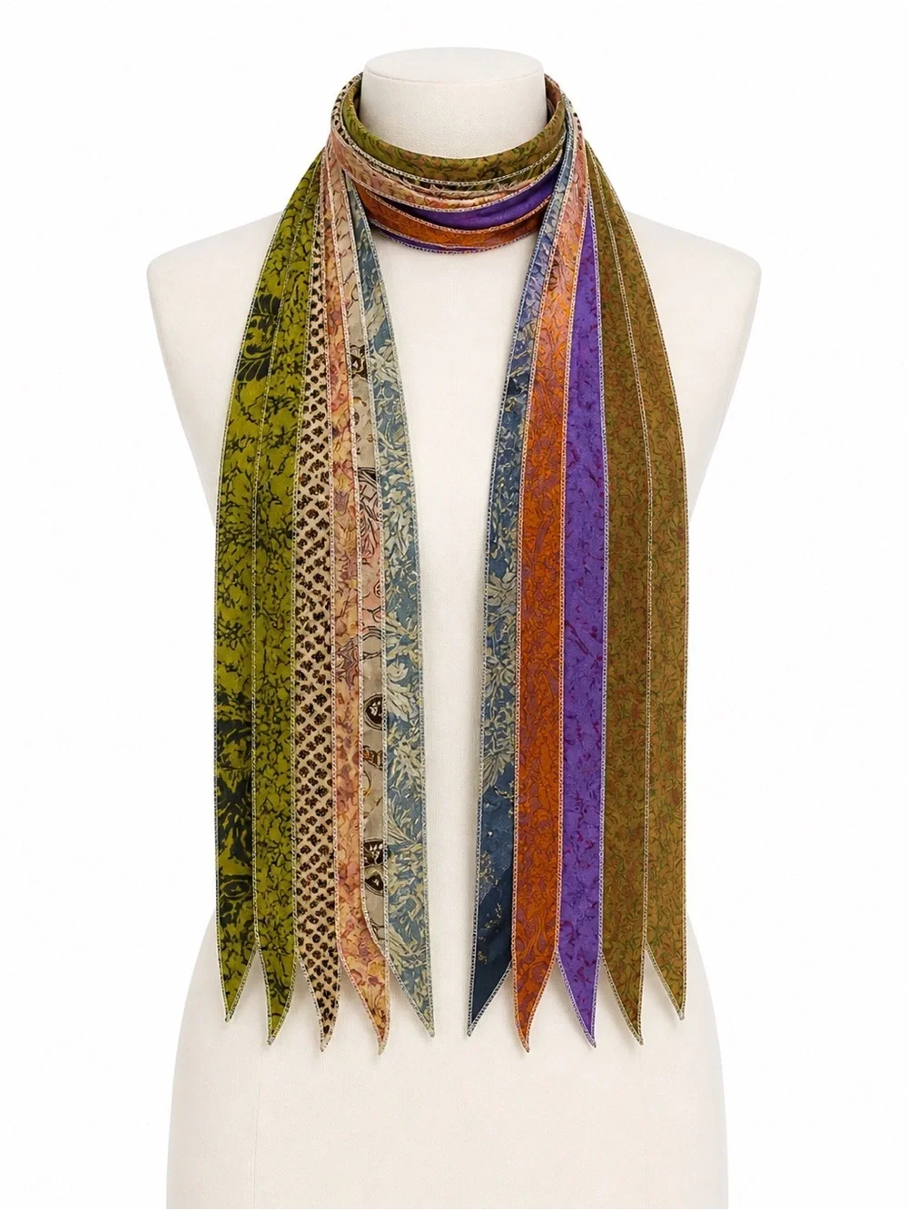 Handmade Patchwork Silk Skinny Scarf Boho Festival Lagenlook Wearable Art